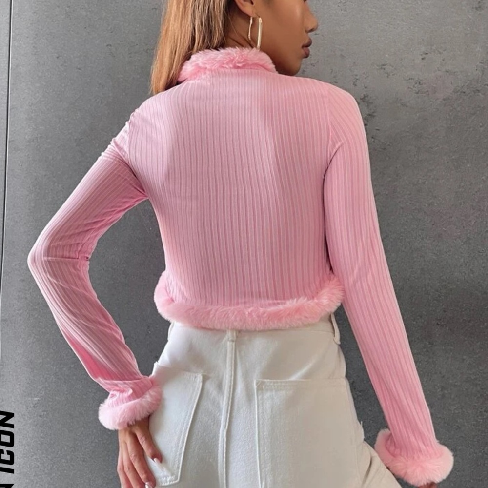 Pink Fuzzy Trim Crop Jacket - Picture 2 of 6